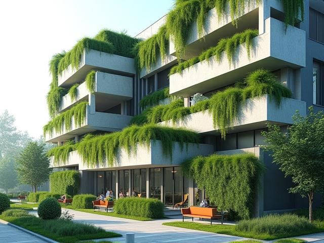 屋上緑化と太陽光パネルのあるエコフレンドリーな建物